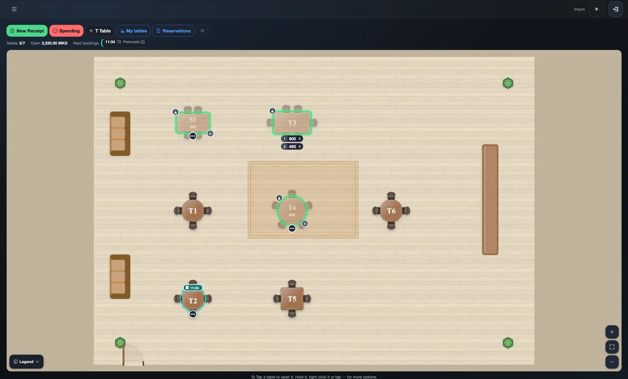 Live floor plan with table status in ImPOS