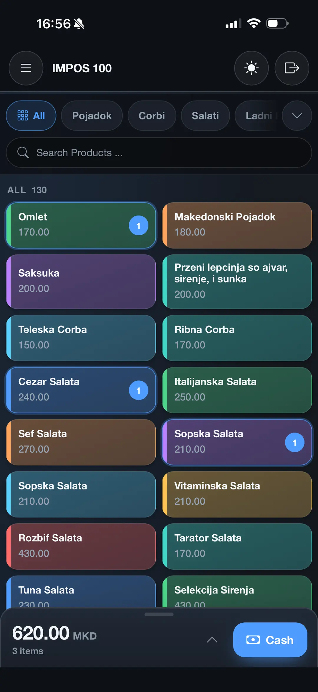 ImPOS on a phone — the sales screen with products, the total and the payment button