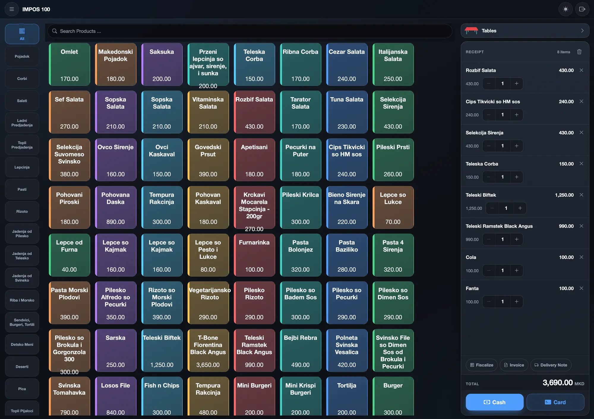 ImPOS sales screen — products by category, the receipt and the payment buttons